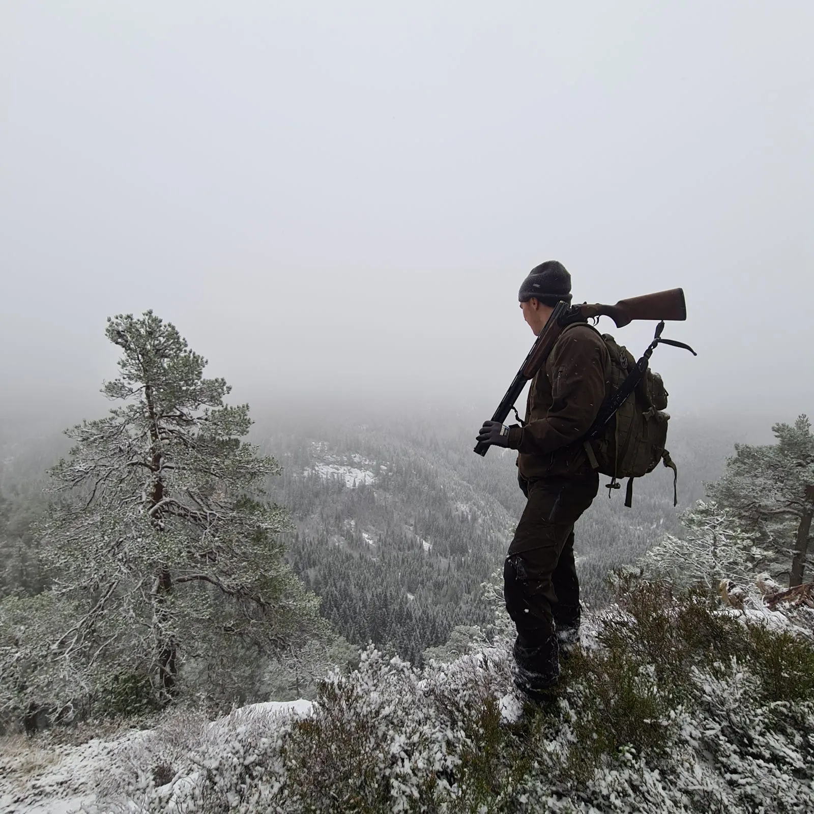Jeger med hagle og ryggsekk ser utover tåkelagt, snødekt skog